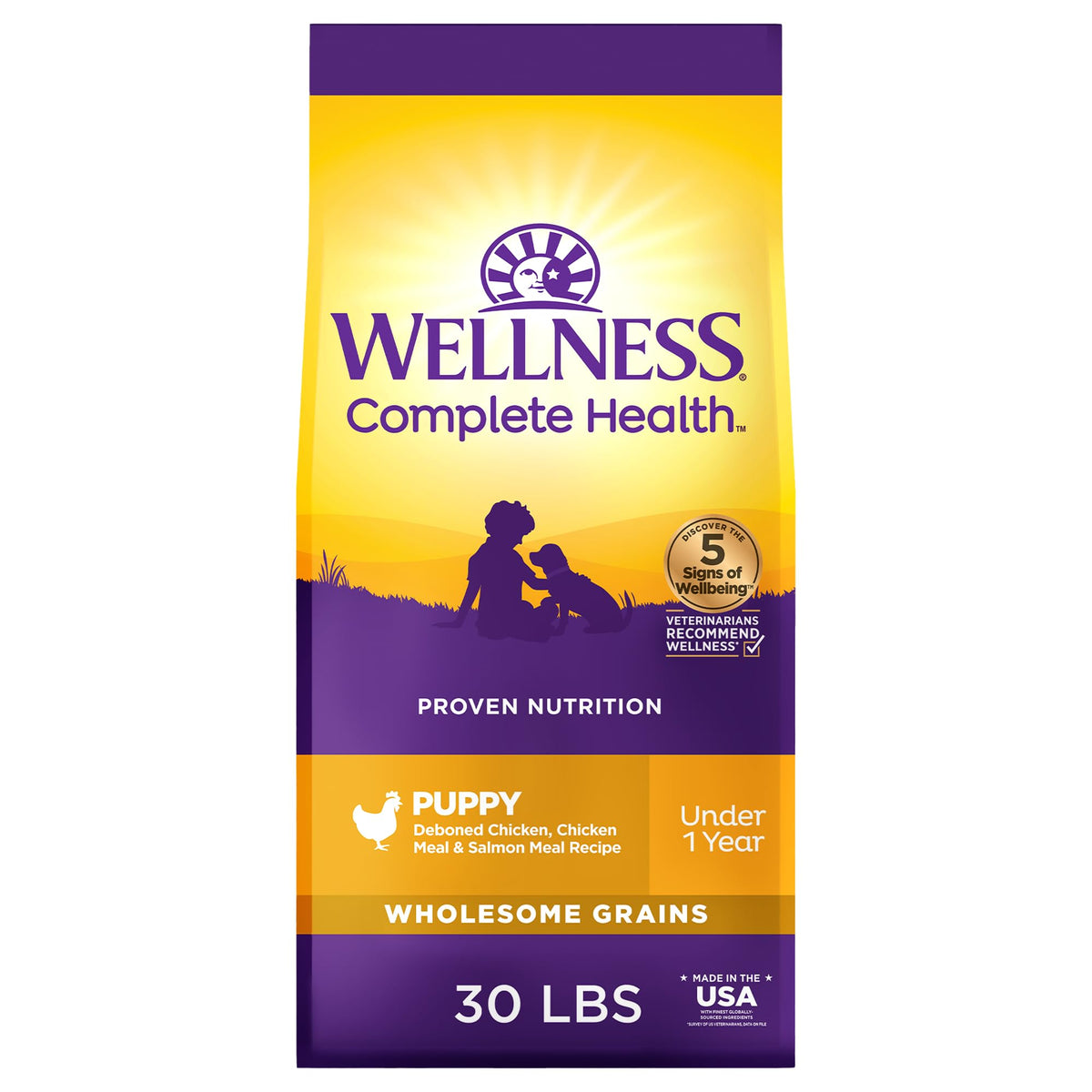 Wellness Complete Health puppy packaging showing trusted, protein-rich formula for growing dogs