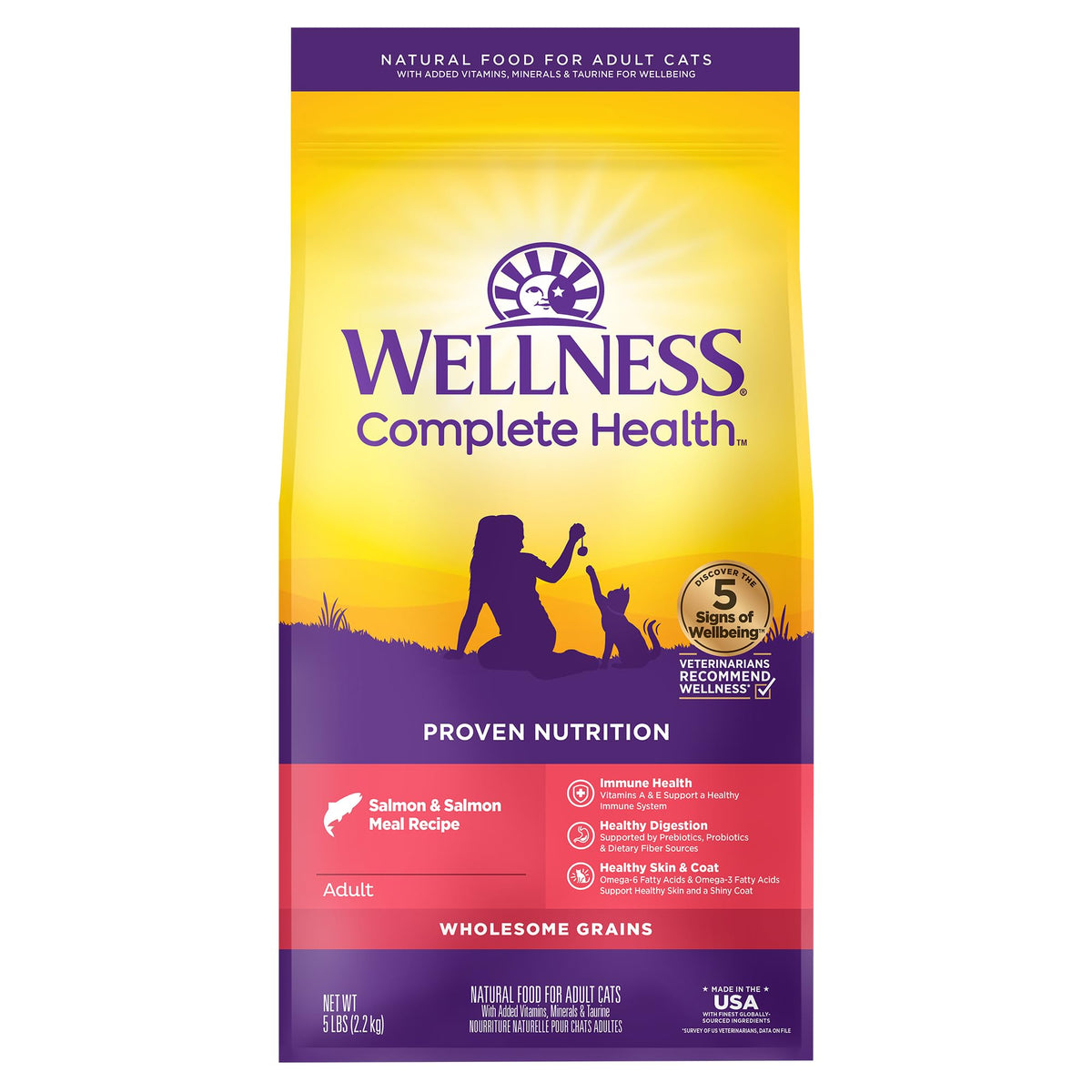 Wellness Complete Health salmon kibble bag for daily cat nutrition