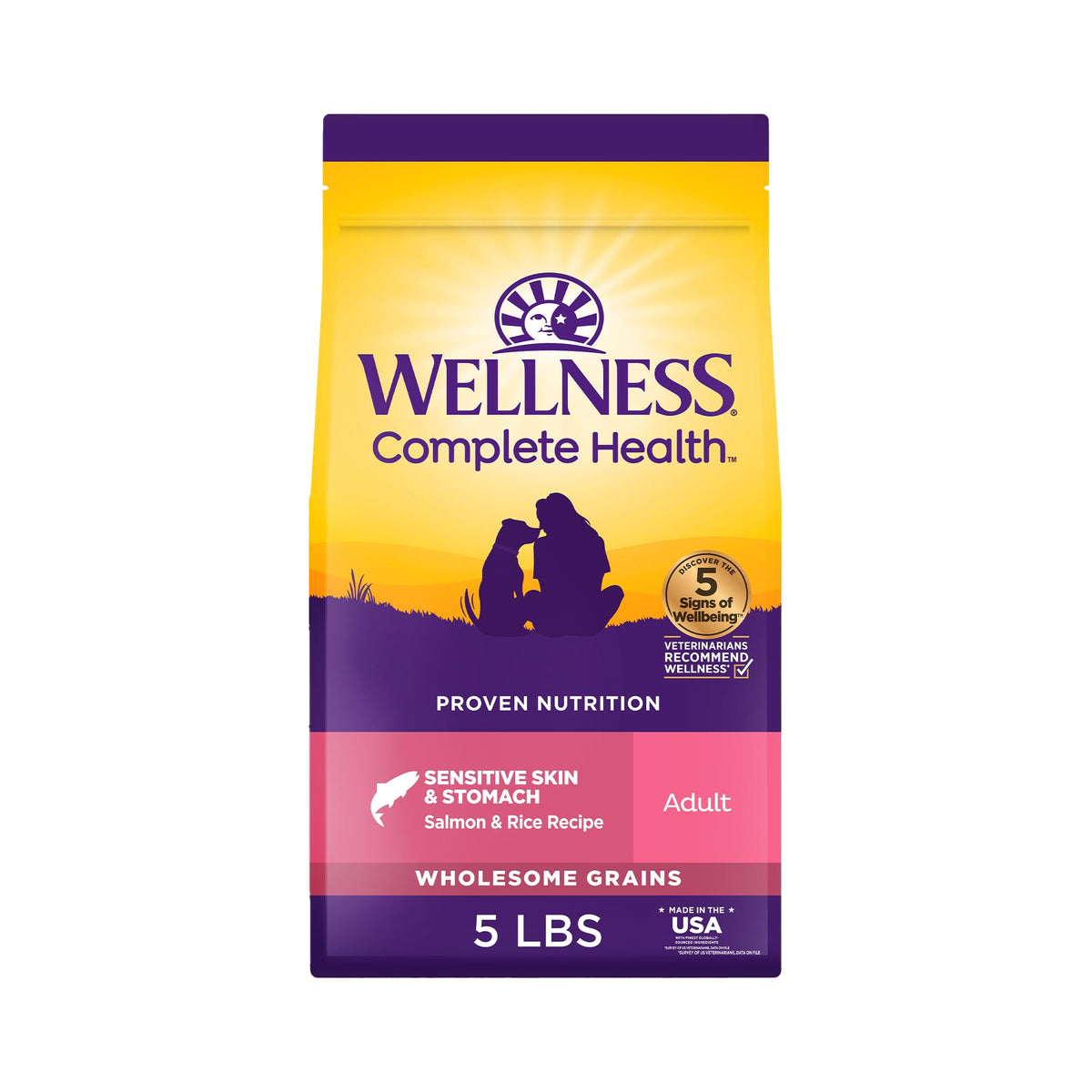 Wellness Complete Health salmon and rice kibble in a bowl supports gentle digestion