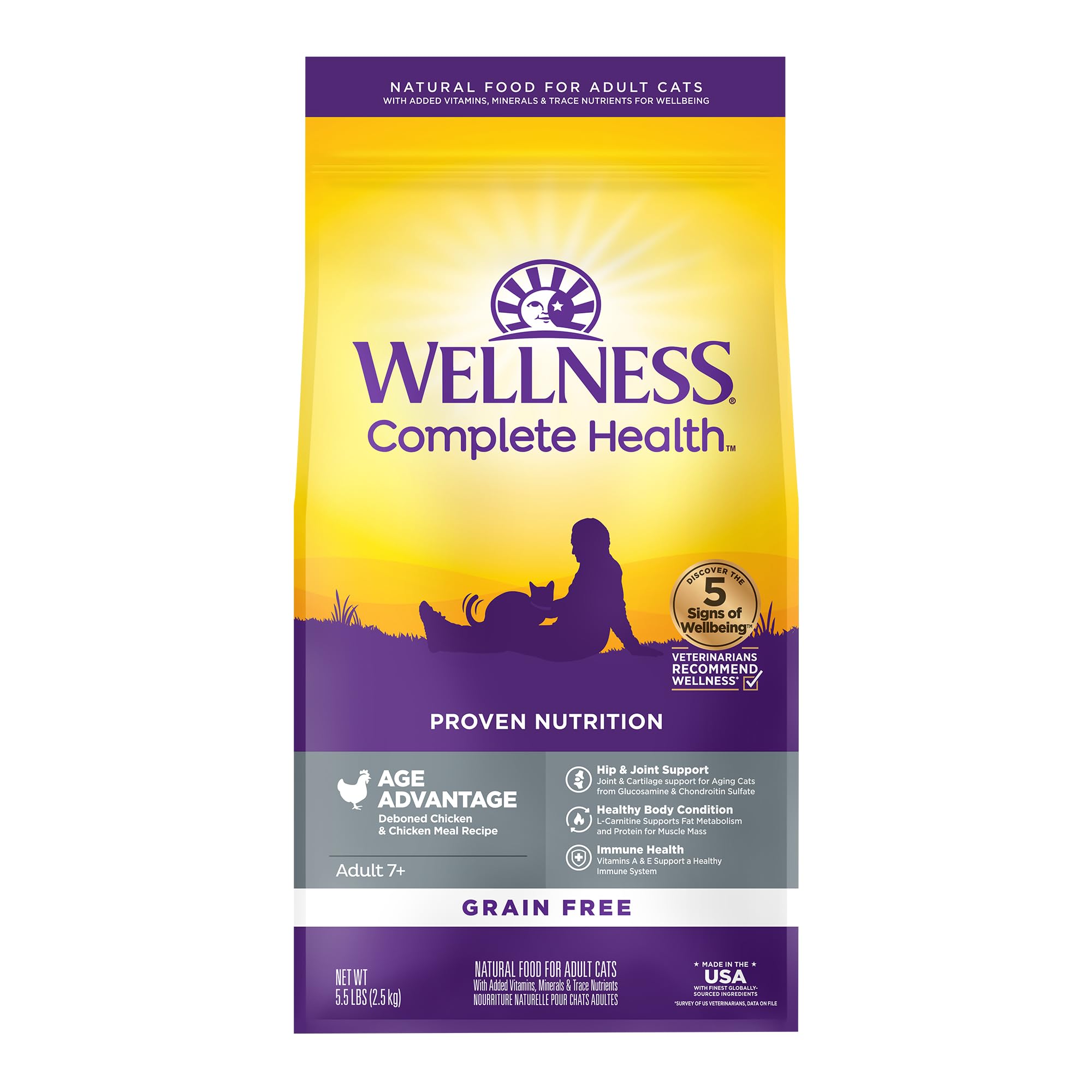 Wellness Complete Health Senior Dry Cat Food bag showcases grain-free recipe with real chicken as the first ingredient