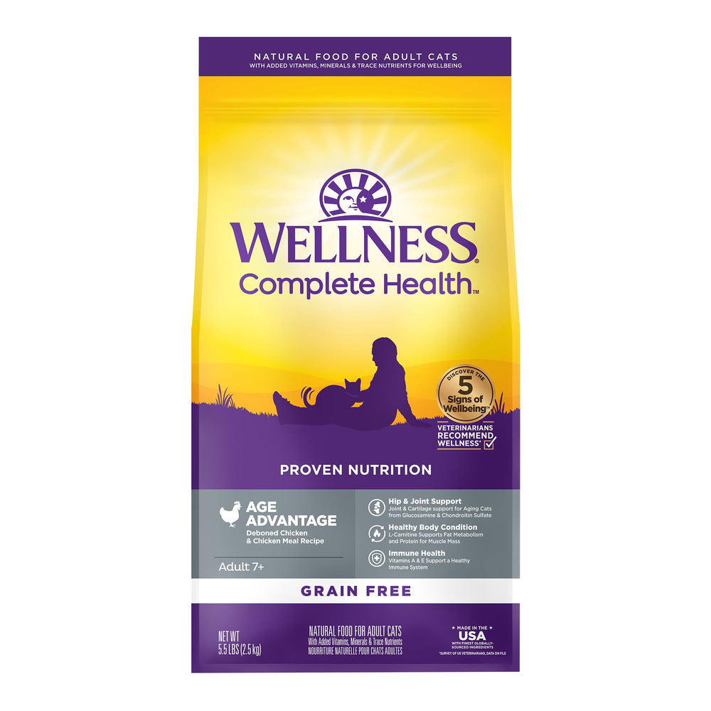 Wellness Complete Health Senior Dry Cat Food bag showcases grain-free recipe with real chicken as the first ingredient