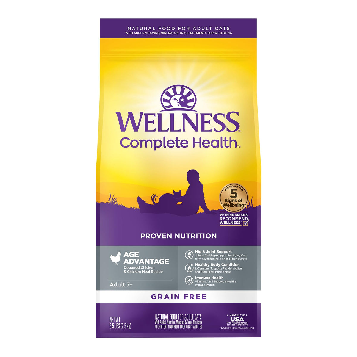 Wellness Complete Health Senior Dry Cat Food bag showcases grain-free recipe with real chicken as the first ingredient