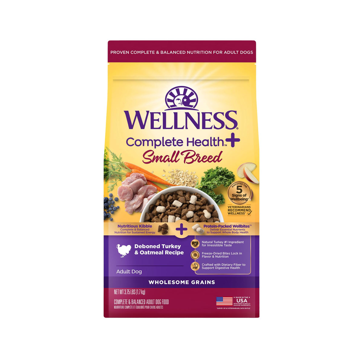 Wellness Complete Health+ small-breed dry dog food bag showing turkey-first formula