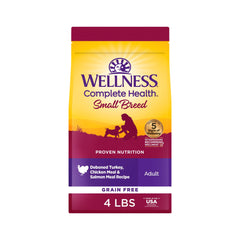 Wellness Complete Health small breed dry food bag highlighting grain-free formula for small dogs.