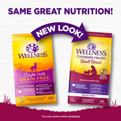 Wellness Complete Health ingredients list featuring turkey, chicken meal and salmon meal for energy.