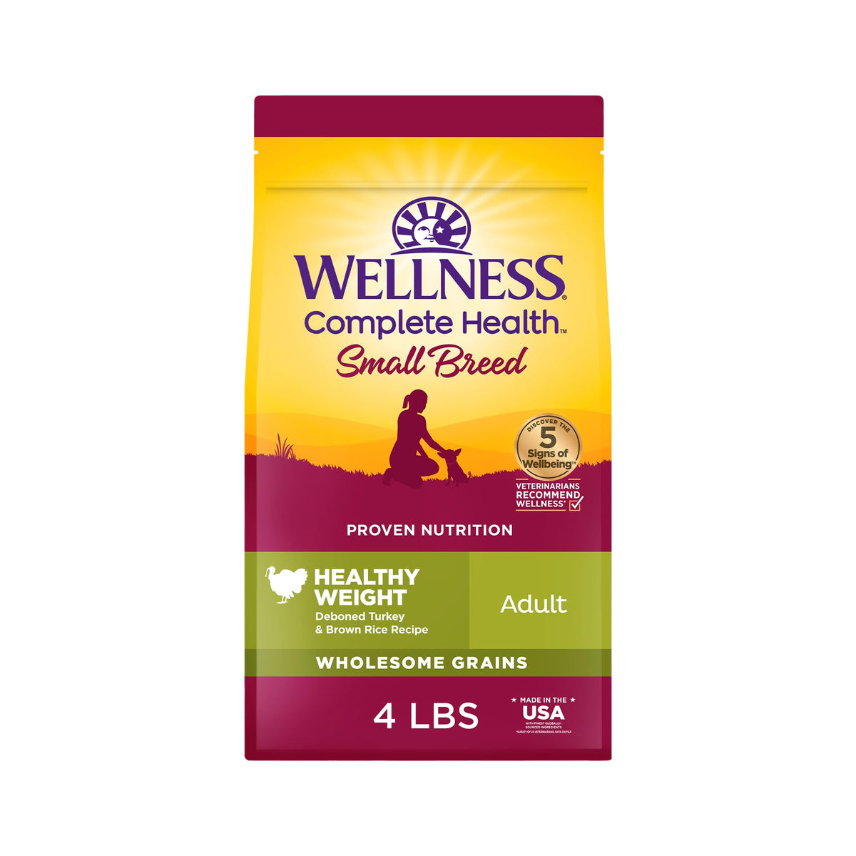 Wellness Complete Health small-breed turkey-brown-rice kibble ready to serve, balanced nutrition.