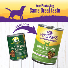 Wellness Complete Health Stew can label featuring real lamb and beef ingredients