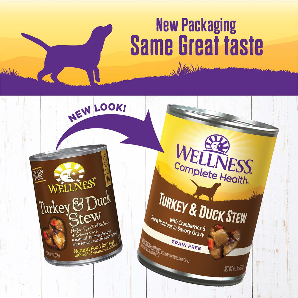 Wellness Complete Health Stew turkey-duck chunks visible for daily meals.