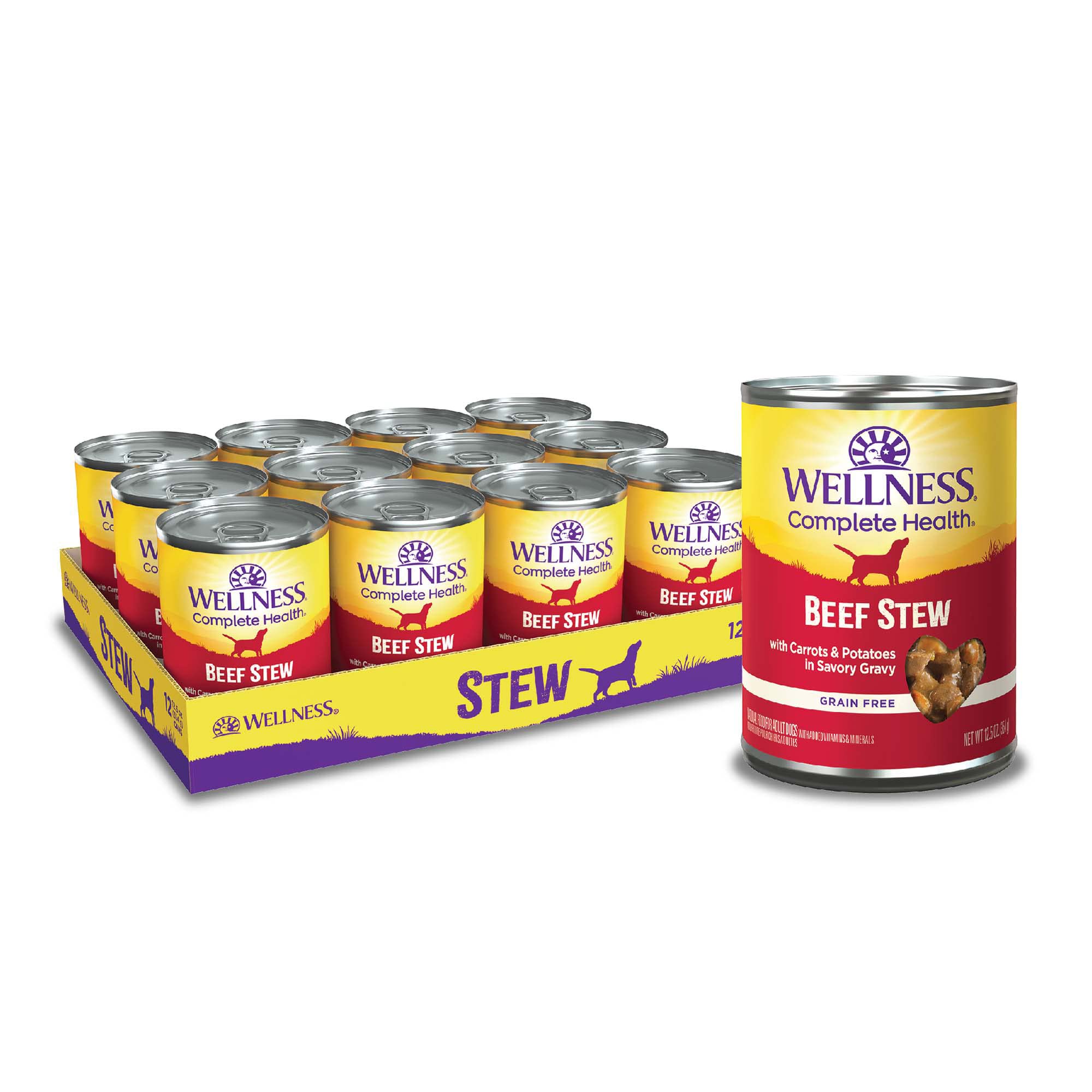 Wellness Complete Health Stew beef can shows chunky beef and veggies in savory gravy