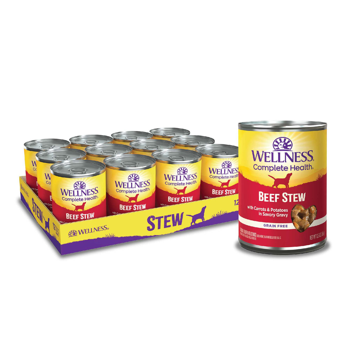 Wellness Complete Health Stew beef can shows chunky beef and veggies in savory gravy