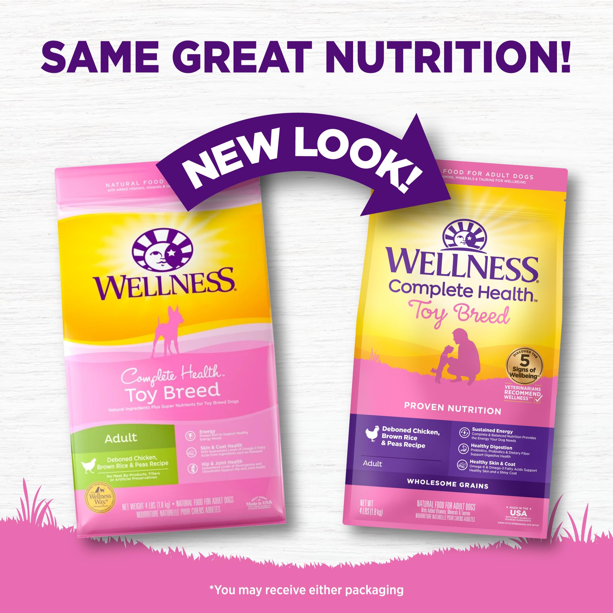 Wellness Complete Health toy breed ingredients with brown rice and peas emphasizing natural grains