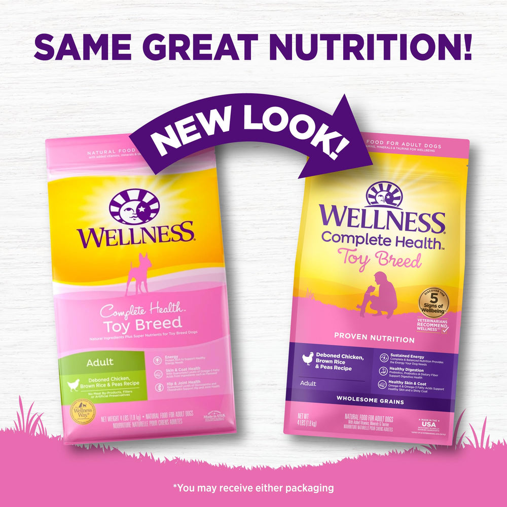 Wellness Complete Health toy breed ingredients with brown rice and peas emphasizing natural grains