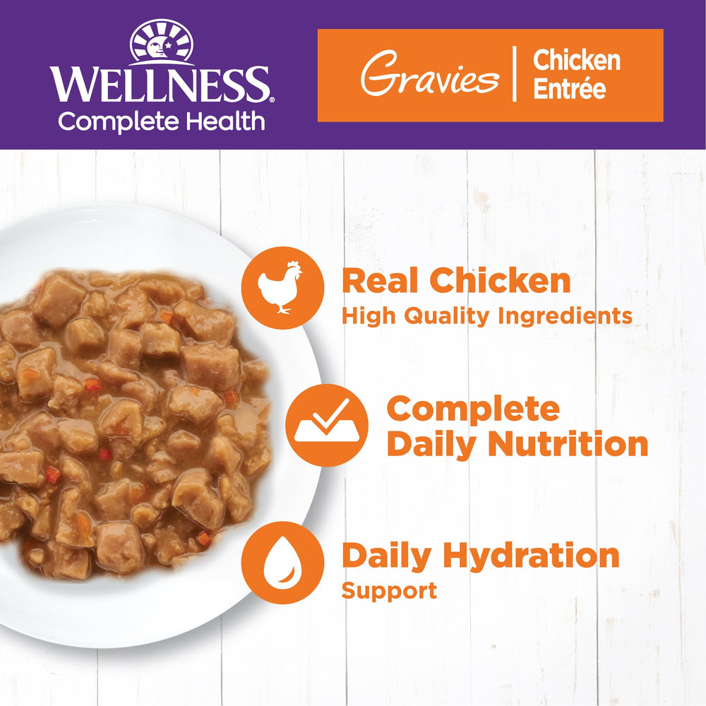 Wellness Complete Health wet cat food chicken entree can side view, savory gravy appeal