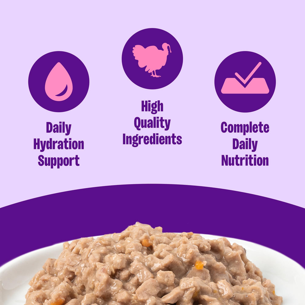Side view highlights tiny turkey pieces in light gravy for easy texture and taste.
