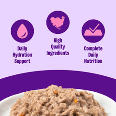 Side view highlights tiny turkey pieces in light gravy for easy texture and taste.