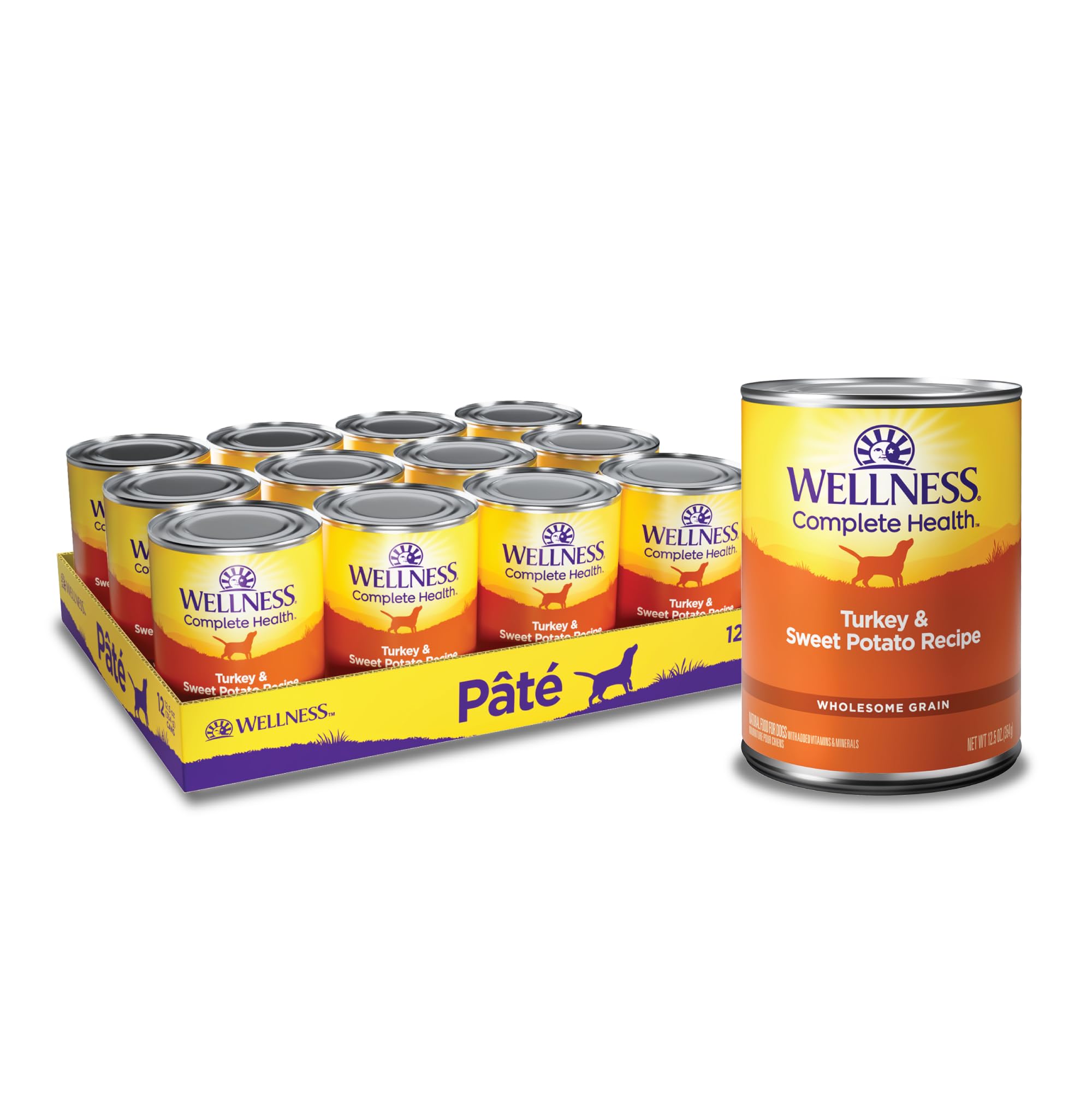 Wellness Complete Health wet dog food can featuring turkey and sweet potato for a tasty meal