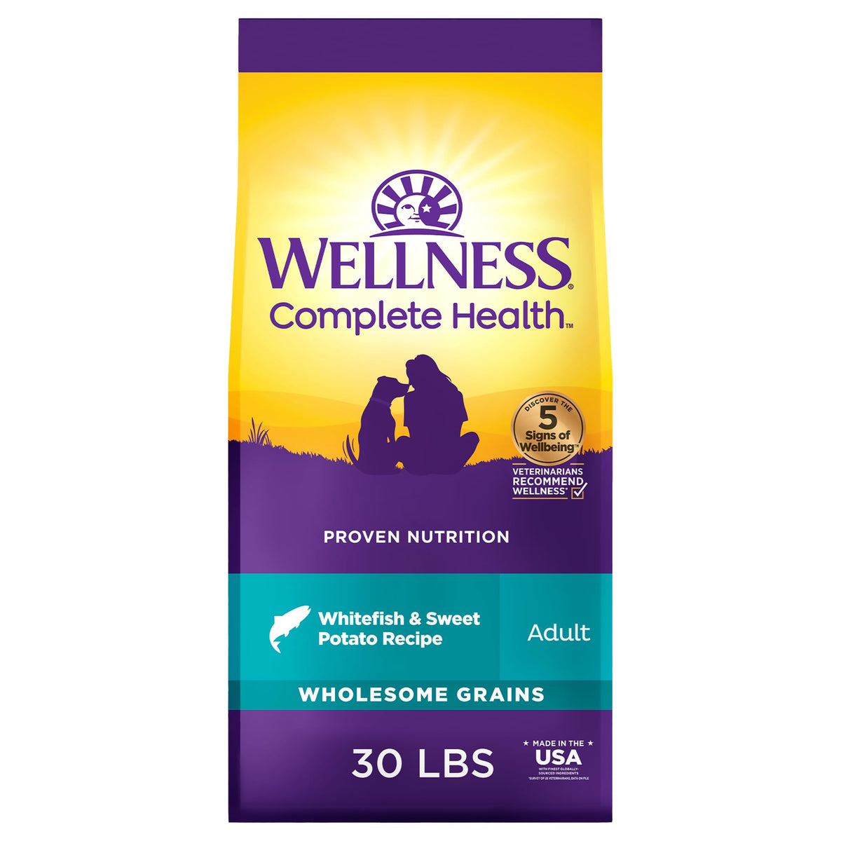 Wellness Complete Health bag showing protein-rich whitefish and sweet potato formula.