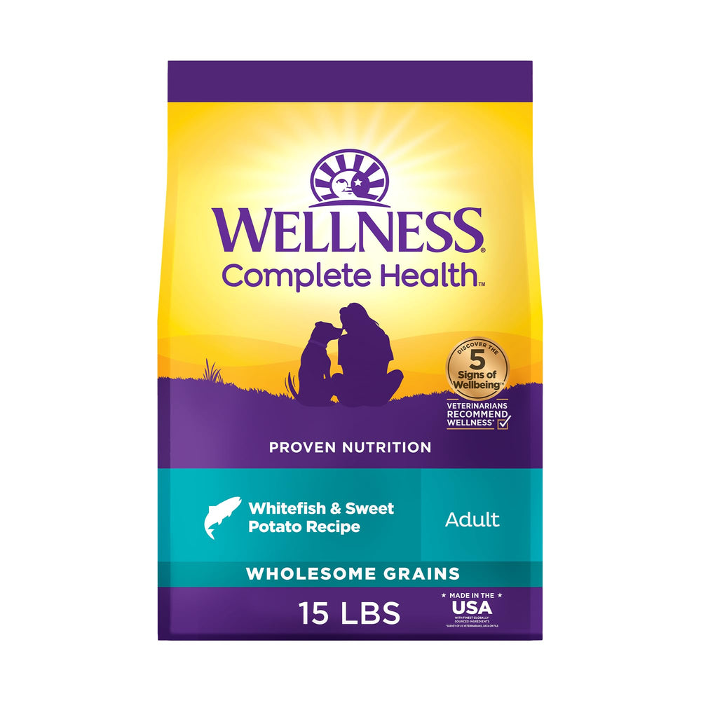 Wellness Complete Health whitefish and sweet potato bag showing premium ingredients for daily nutrition