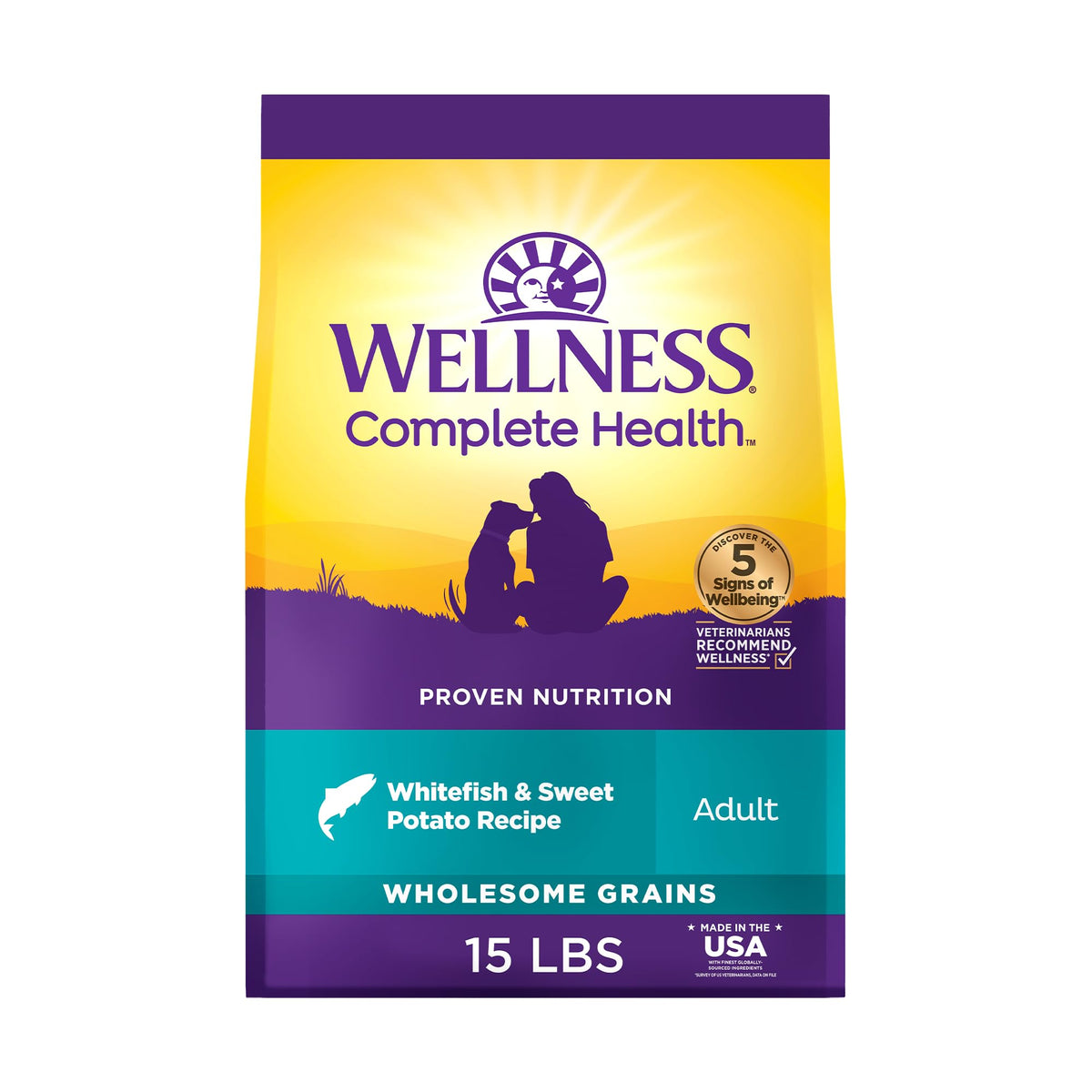 Wellness Complete Health whitefish and sweet potato bag showing premium ingredients for daily nutrition