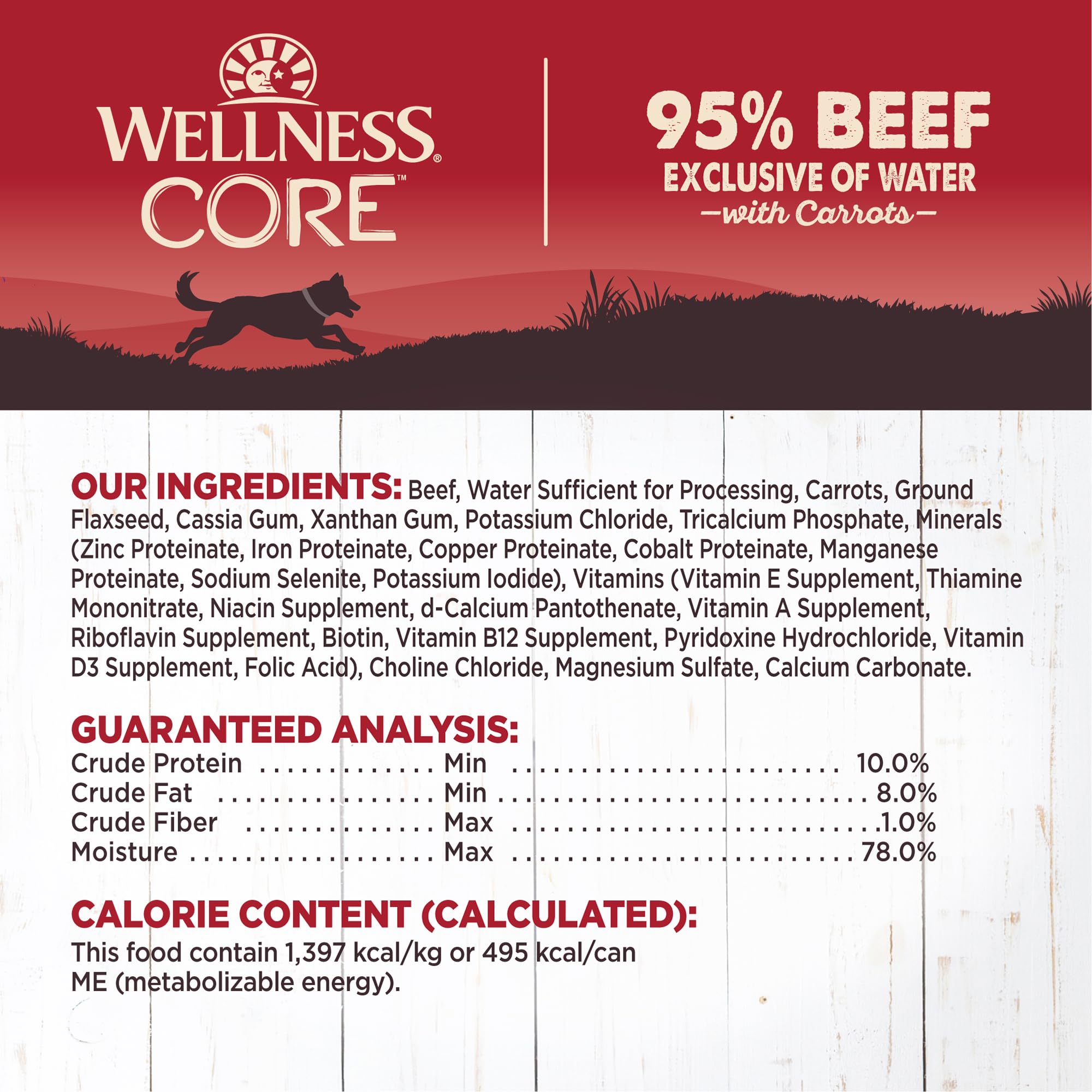 Wellness CORE 95 ingredients glimpse – real beef and carrots in a grain-free formula.