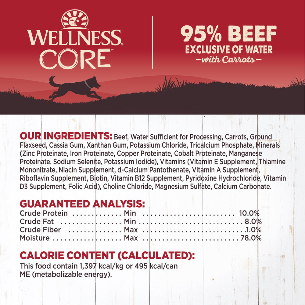 Wellness CORE 95 ingredients glimpse – real beef and carrots in a grain-free formula.
