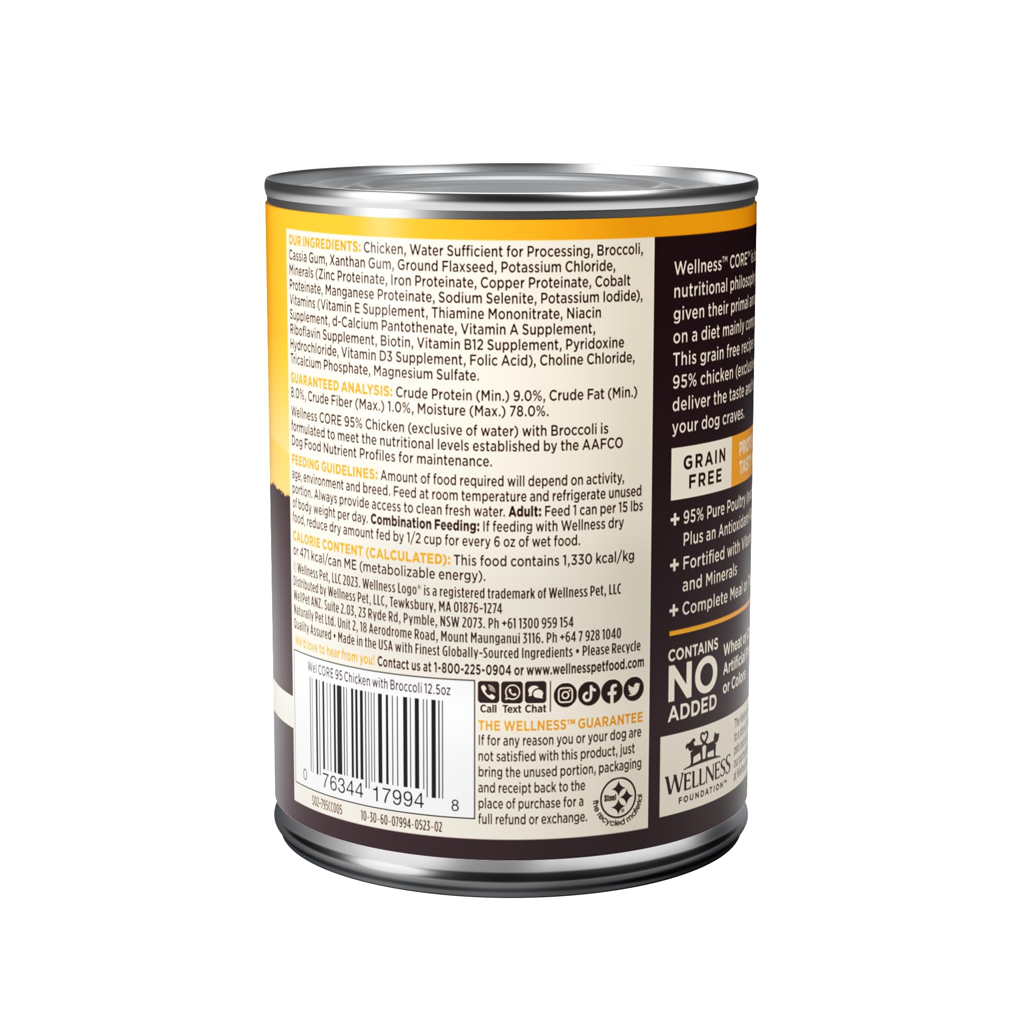 Nutrition label on Wellness CORE 95% highlights protein content and key minerals for dogs.