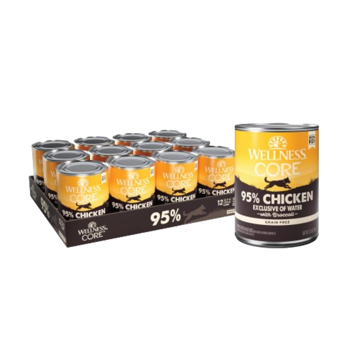 Wellness CORE 95% pack of cans showing protein-forward, grain-free nutrition for dogs.
