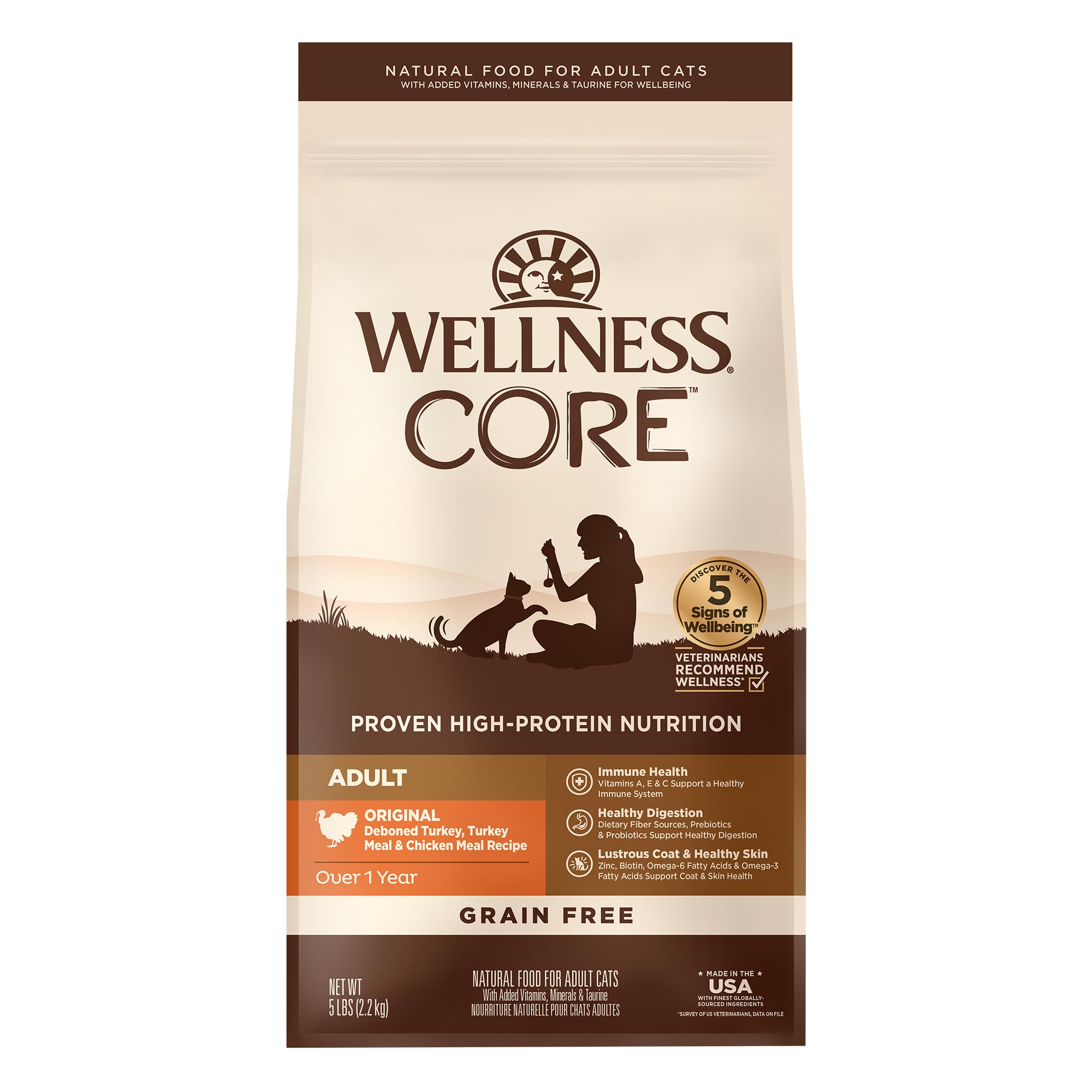 Wellness CORE Adult Dry Cat Food with turkey in a bowl for lean protein