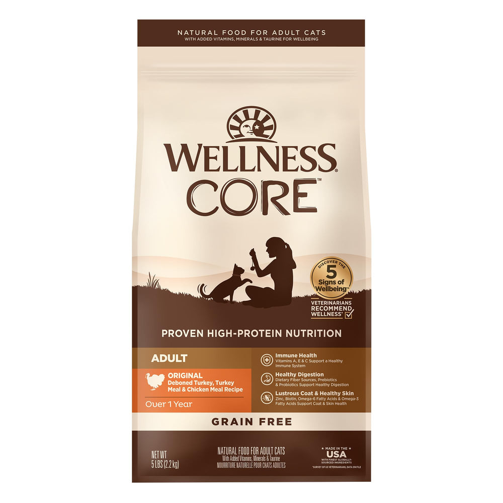 Wellness CORE Adult Dry Cat Food with turkey in a bowl for lean protein