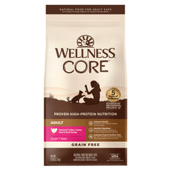 Wellness CORE adult dry cat food bag showing turkey and duck formula for protein-rich meals.