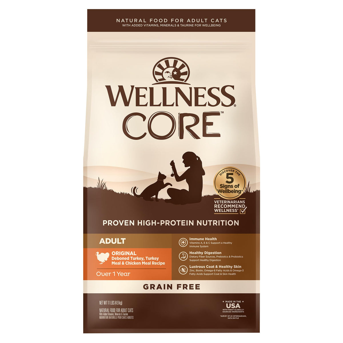 Wellness CORE adult dry cat food bag showing turkey recipe kibble for a healthy coat.