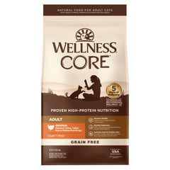 Wellness CORE adult dry cat food bag showing turkey recipe kibble for a healthy coat.