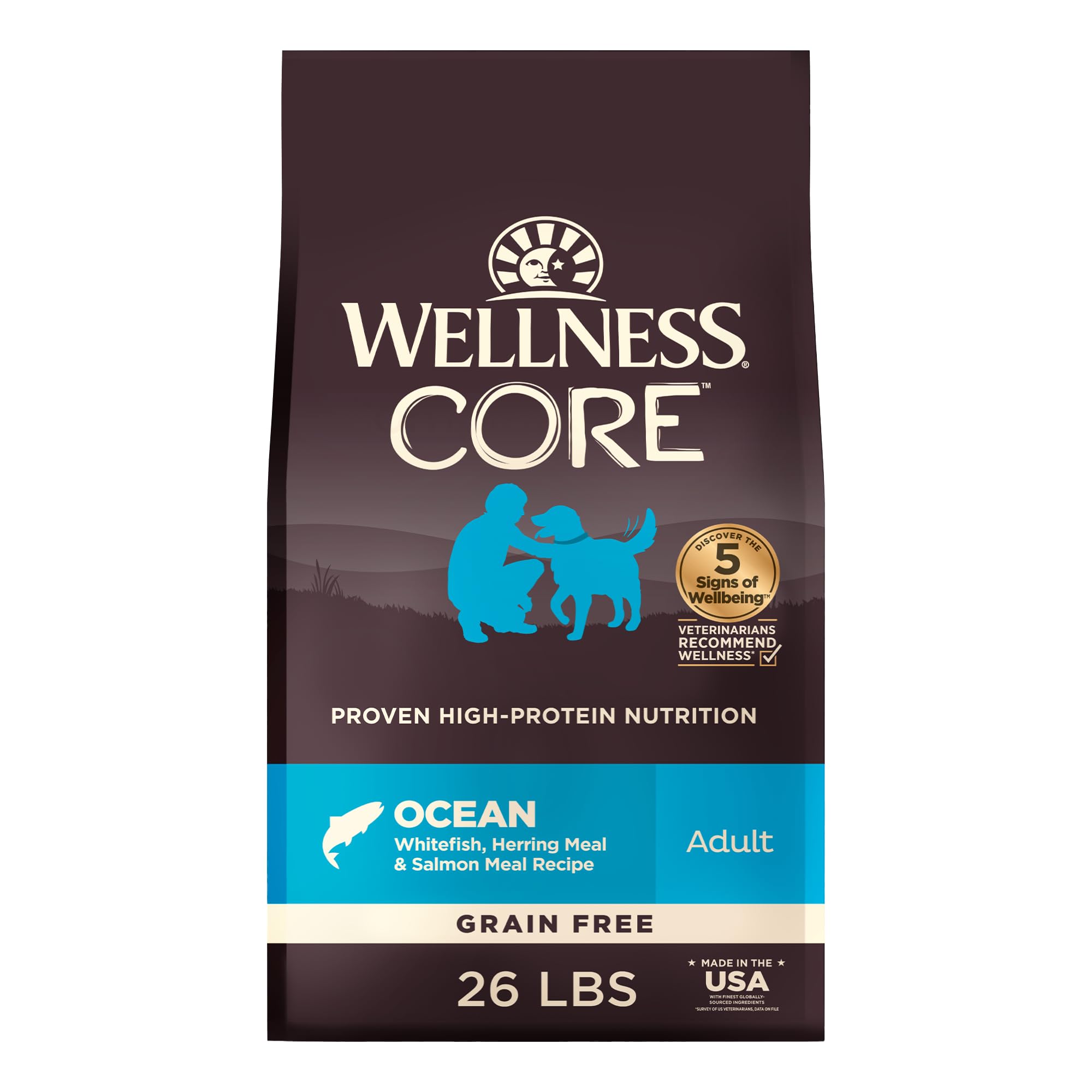 Wellness Core Adult dry dog food bag featuring whitefish and salmon for a healthy coat