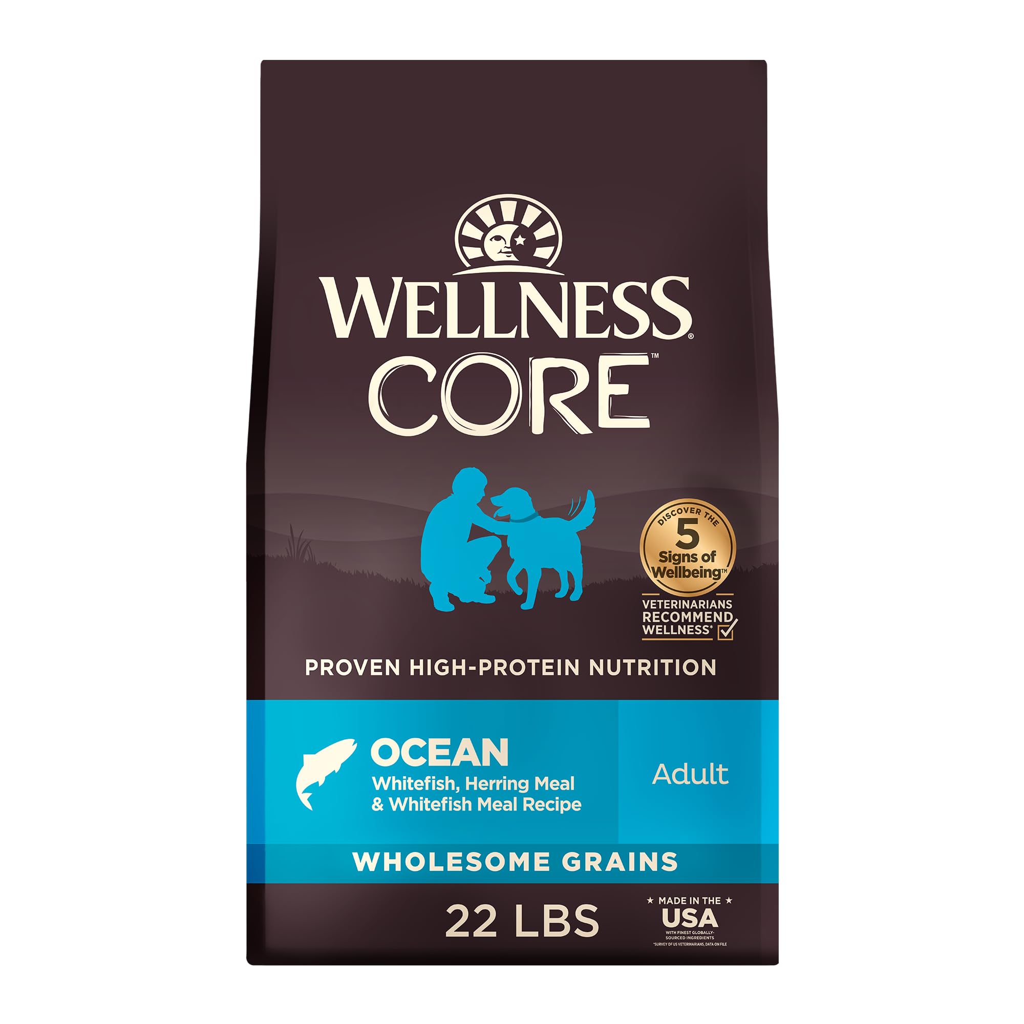 Wellness CORE adult dry dog food bag front showcasing whitefish recipe for lean protein