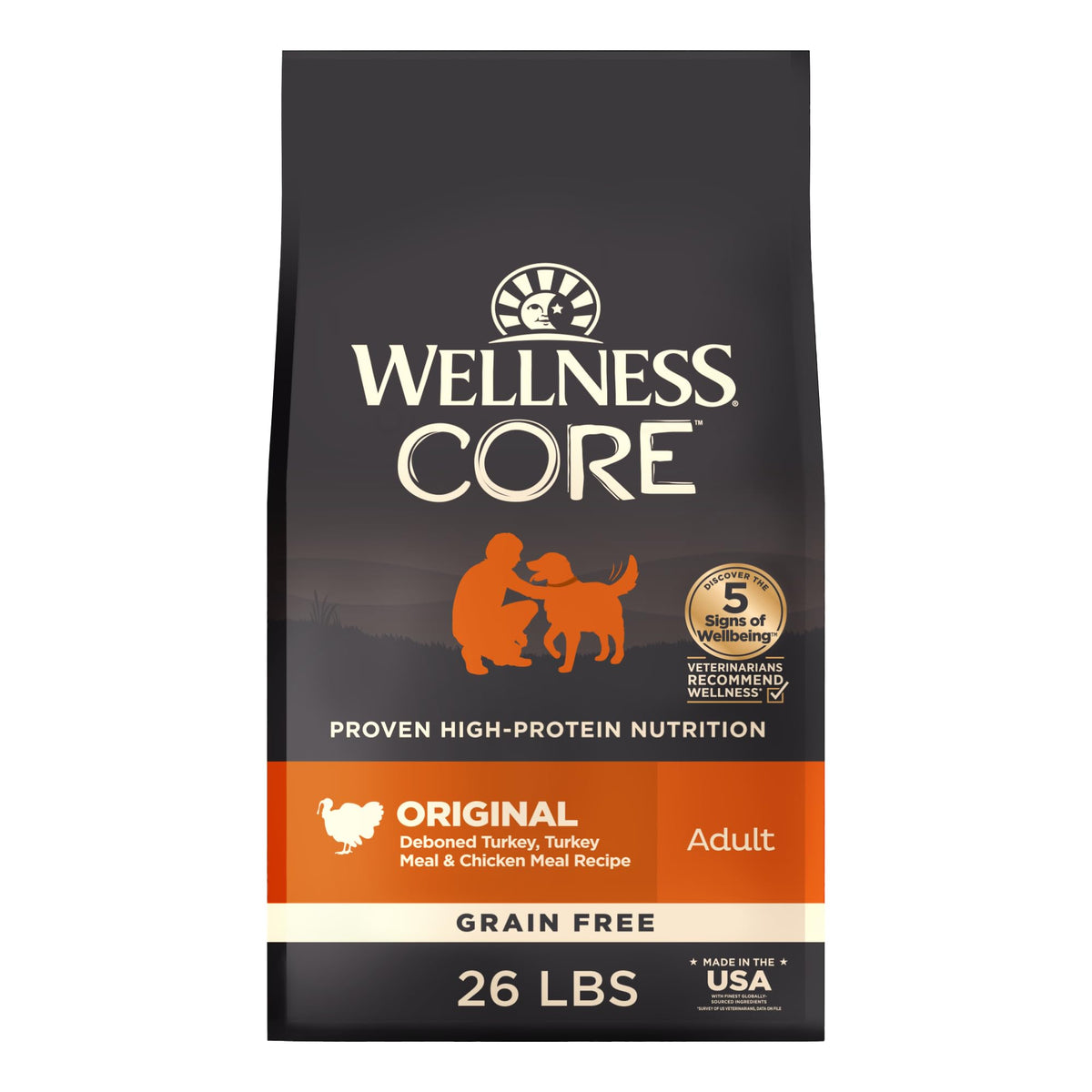 Wellness Core adult dry dog food bag front showing grain-free nutrition for adult dogs.