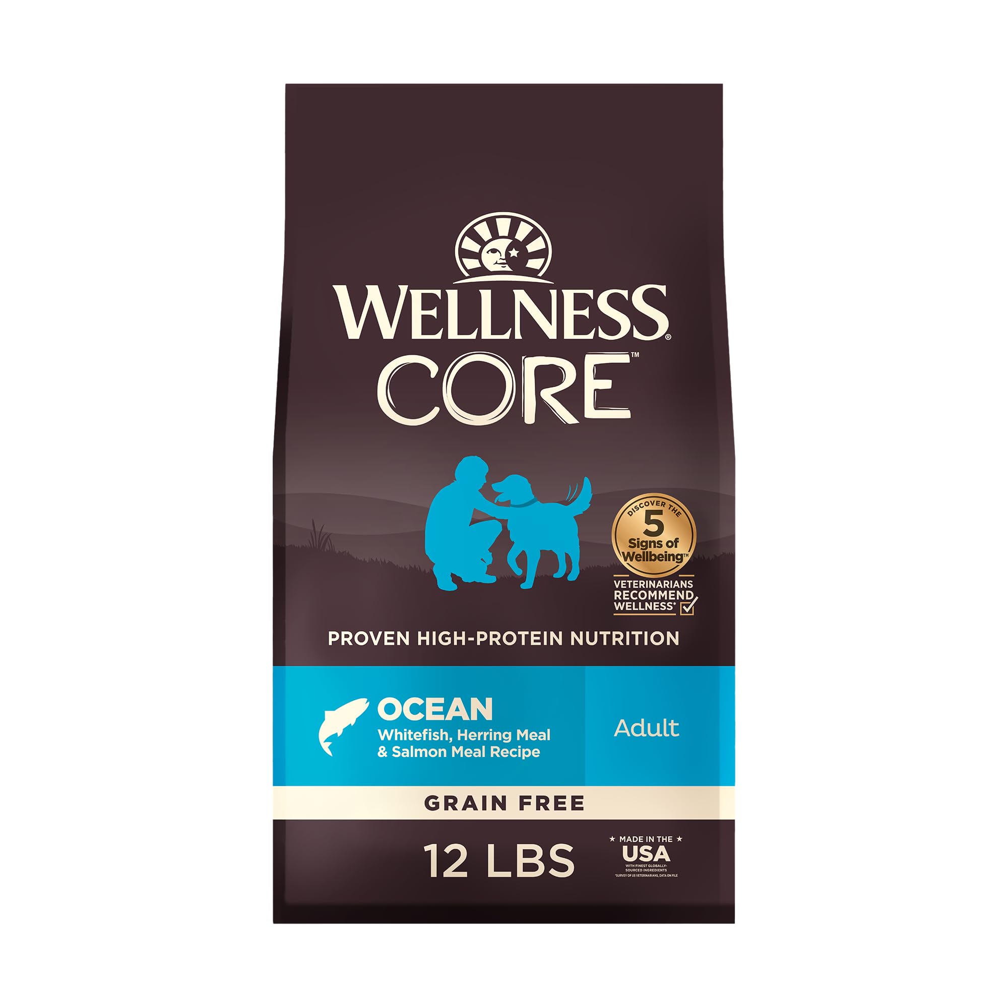 Wellness CORE Ocean Whitefish kibble for adult dogs highlighting protein-forward nutrition