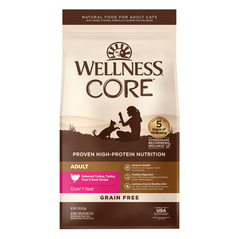 Wellness CORE adult cat food turkey and duck kibble packaging.