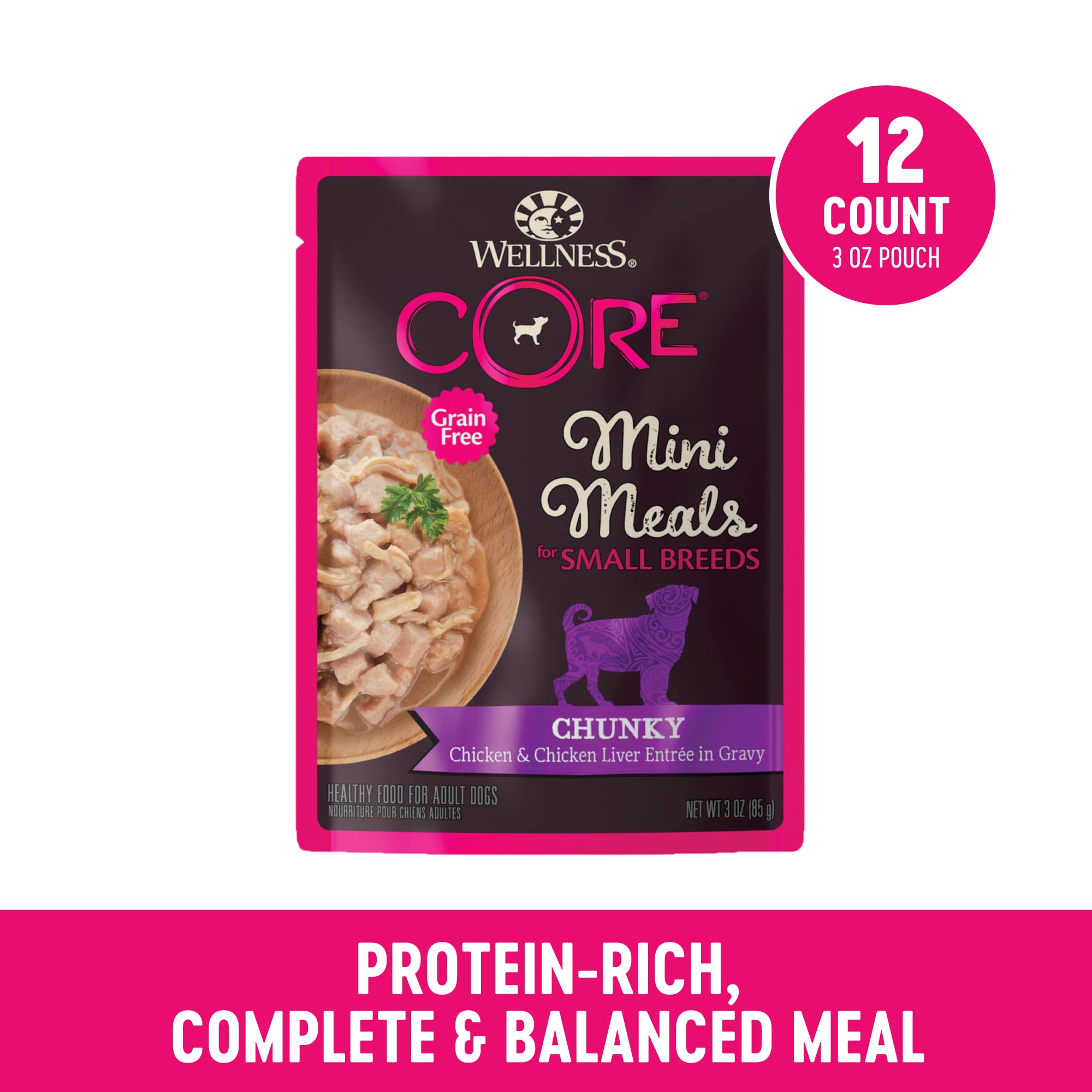 Wellness Core chicken entree in gravy with shredded protein appealing to dogs