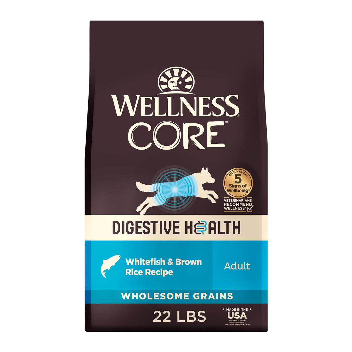 Wellness CORE digestive health dog food bag with probiotic-coated formula for gut support.