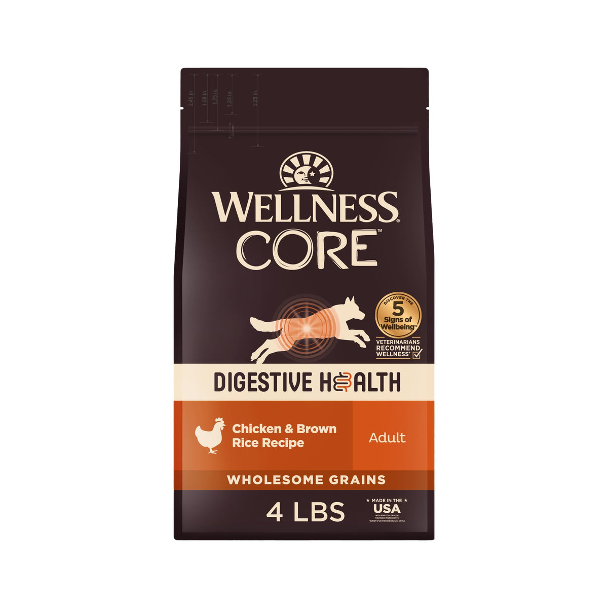 Wellness CORE Digestive Health dry dog food bag front view with chicken kibble for sensitive stomachs