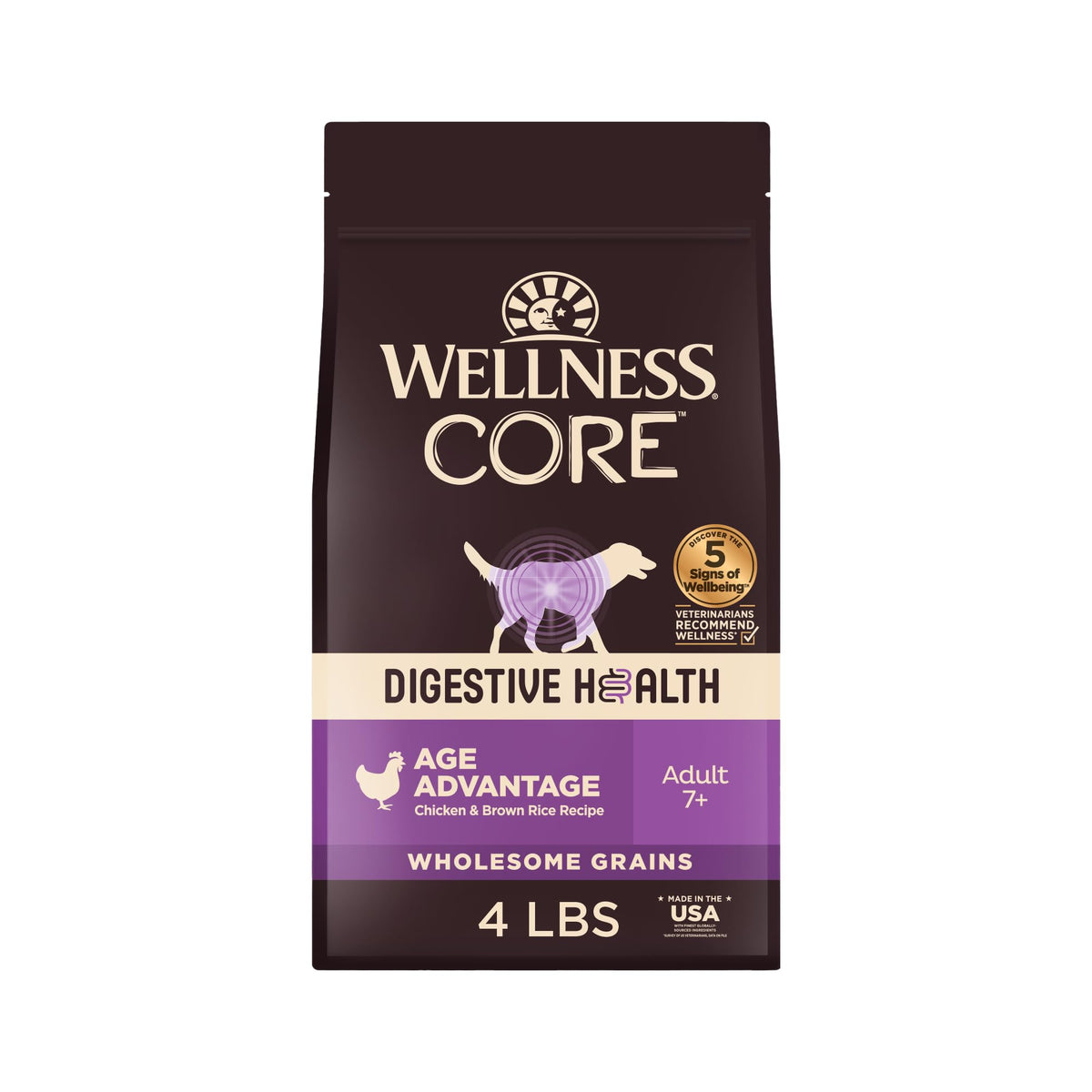Wellness CORE Digestive Health kibble in bag for senior dogs' digestive support.