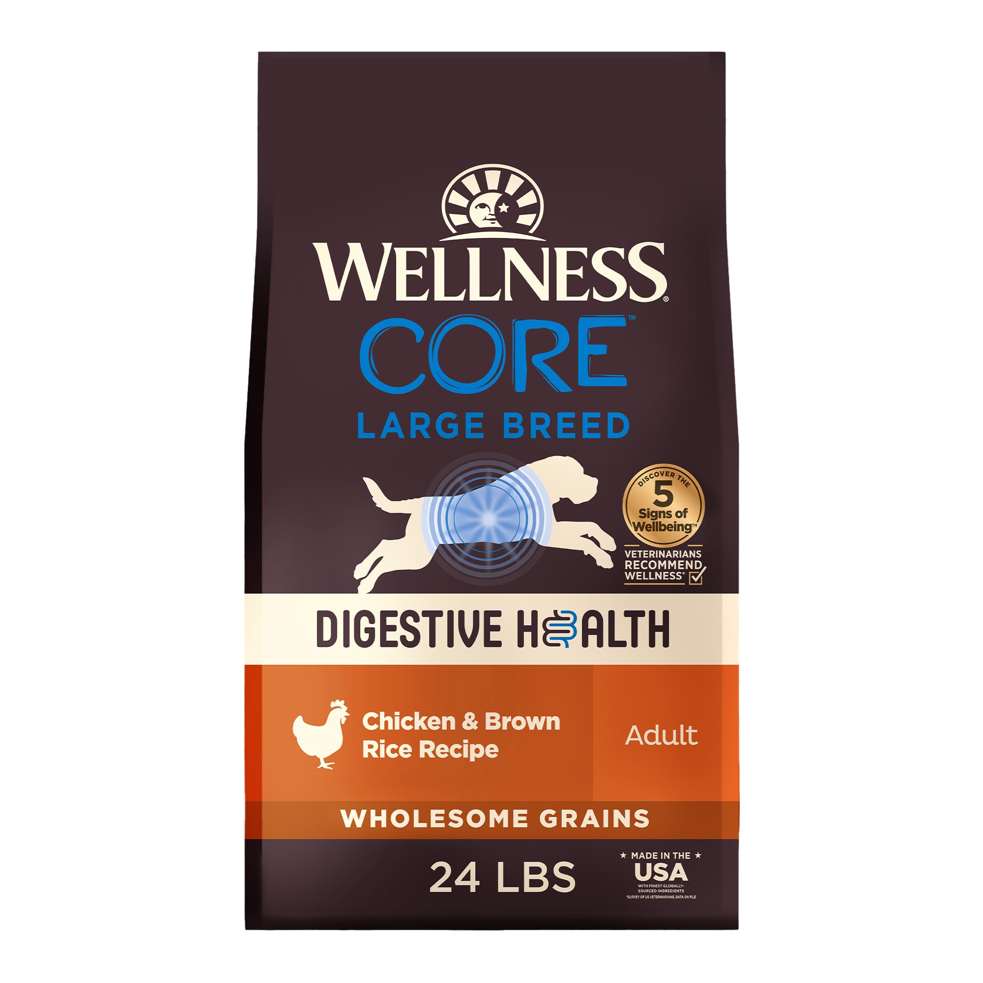 Wellness CORE Digestive Health large-breed bag front showing gut-friendly, high-protein formula.