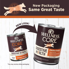 Wellness CORE Digestive Health Pate closeup of can shows real chicken as first ingredient.