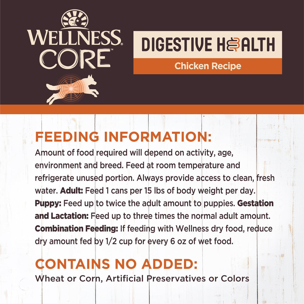 Wellness CORE Digestive Health Pate grain-free can label highlights nutrition.