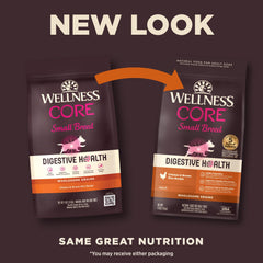Wellness CORE Digestive Health small breed bag back with feeding guidelines and probiotics