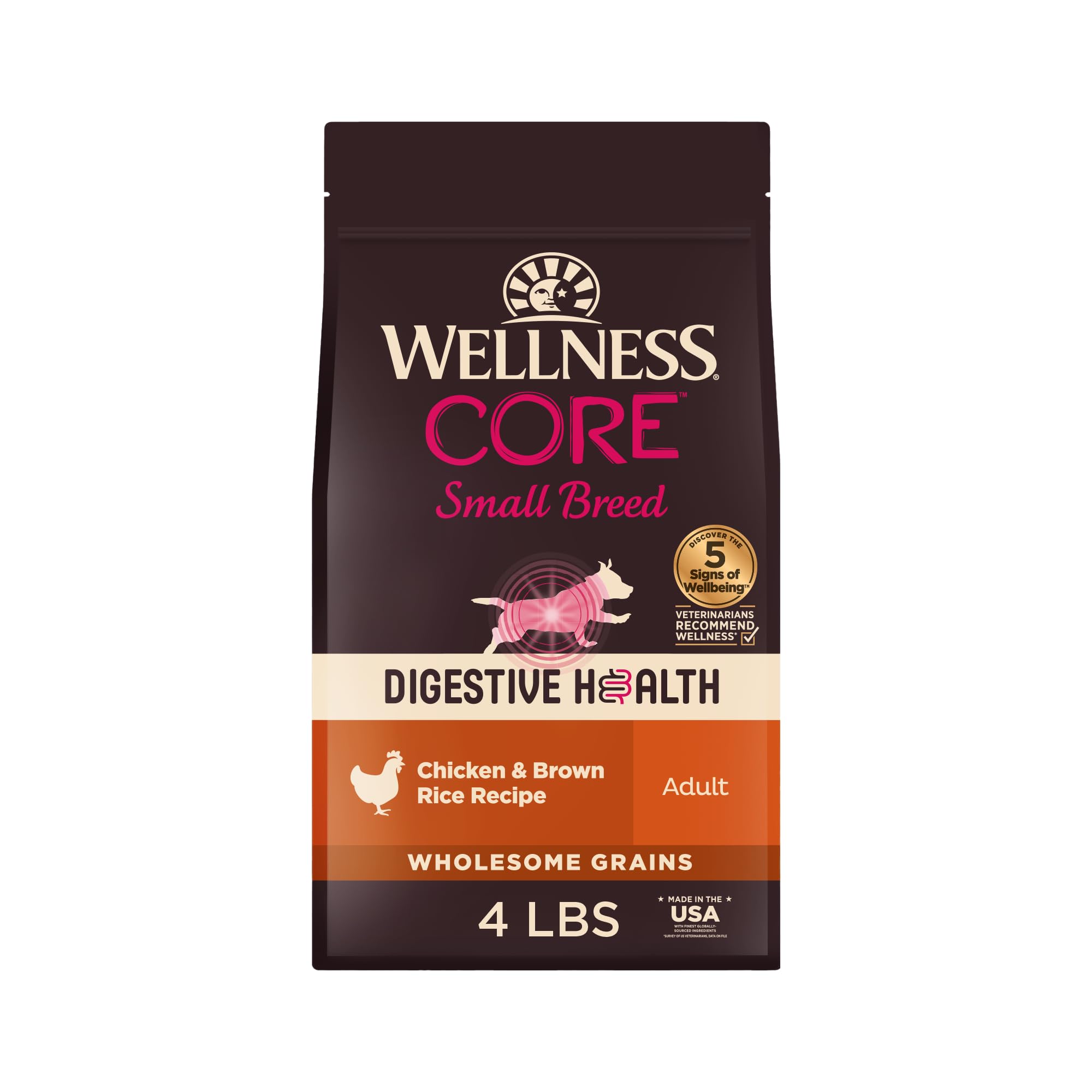 Wellness CORE Digestive Health small breed bag front showing ingredients and 4 lb size for easy feeding