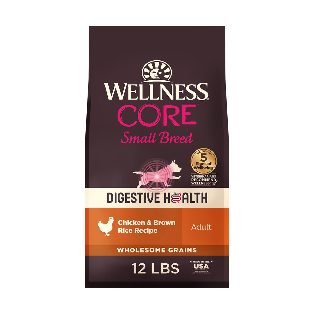 Wellness CORE Digestive Health small-breed bag front view emphasizing kibble and packaging benefits