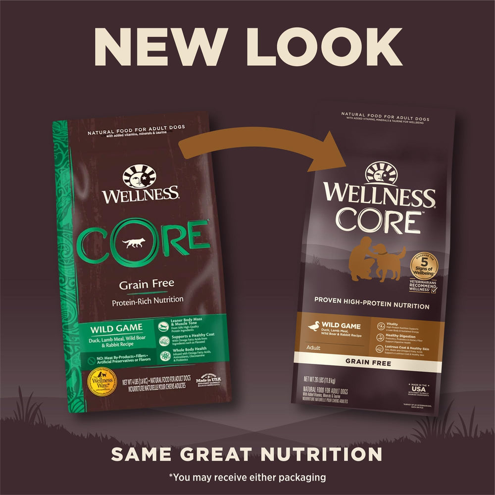 Wellness CORE wild boar and rabbit recipe bag offers high-protein variety for active dogs