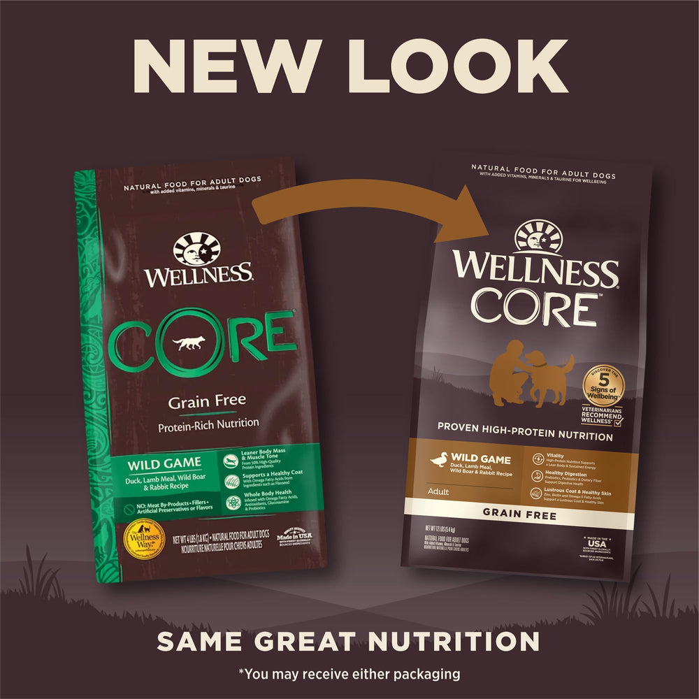 Wellness CORE grain-free 12lb bag shown; convenient for regular feeding.
