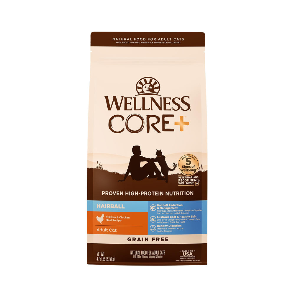 Wellness CORE+ Hairball dry cat food bag highlights grain-free chicken formula for vitality